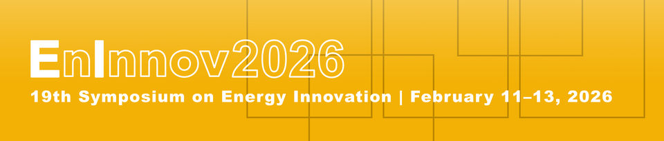 A banner with an orange background. The text in white font reads "EnInnov2026" and below it "19th Symposium on Energy Innovation | February 11-13, 2026". Faint, translucent geometric shapes are visible in the background.