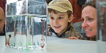 A little boy and a woman fascinated at the Long Night of Research at TU Graz.