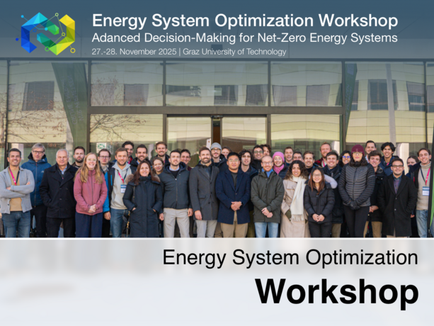 Group photo of participants at the “Energy System Optimization Workshop – Adanced Decision-Making for Net-Zero Energy Systems, 27–28 November 2025, Graz University of Technology” in front of a modern glass building.