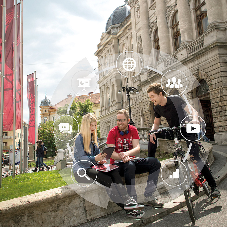 A young woman and a young man sit on a small wall in front of a large university building. A young man on a bicycle bends over to them. The woman is holding a tablet in her hand. Around the three people, various symbols are arranged in a circle, including a play button, a magnifying glass and speech bubbles.