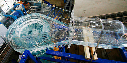 Picture showing the waterfall damping element of the model surge tank for the Obervermuntwerk 2.