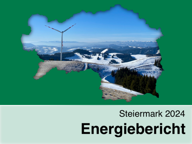 Winterlandschaft mit einem Windrad und dem Umriss der Steiermark als Bildausschnitt.