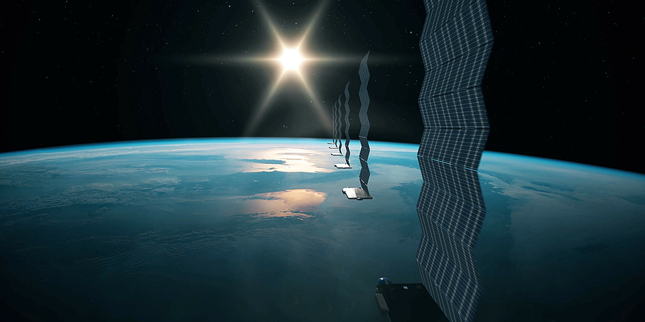 Several satellites fly in orbit around the earth towards the setting sun.