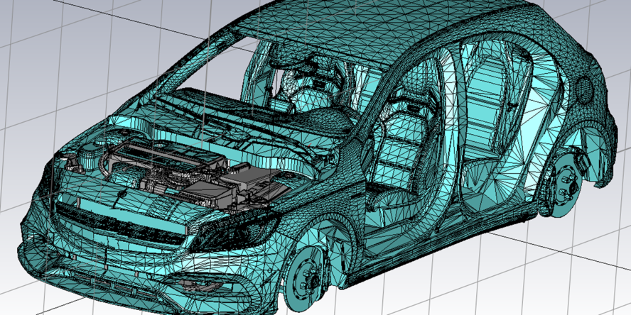 A model of a car done in a simulation software. The car is made out of blue strings. 