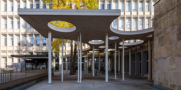 A curved concrete canopy.