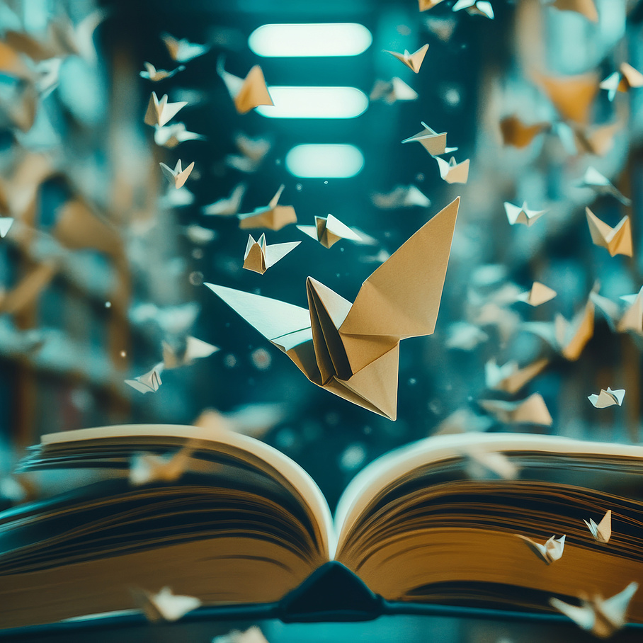 Ein geöffnetes Buch liegt in der Bibliothek, aus welchem sich Origami Papiervögel erheben. 