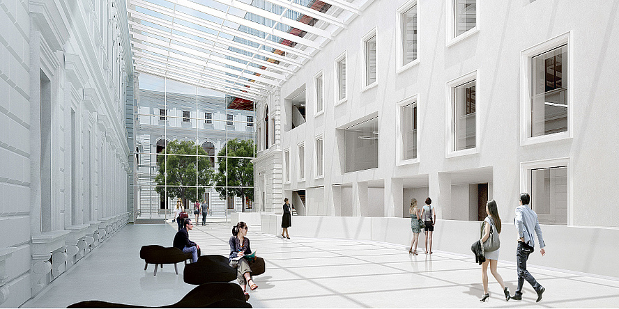 Rendering of the new University Library. Resembling a glass cuboid, two additional floors hover above the historic reading hall.