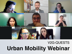 Screenshot eines Online-Meetings mit acht Teilnehmenden beim „V2G-QUESTS Urban Mobility Webinar“, mit sichtbaren Namen, stummgeschaltetem Hinweis und einem Banner mit dem Webinar-Titel am unteren Rand.