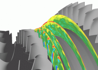 Streamvise vorticity at 4 planes (measurement planes) in the intermediate duct of the AIDA stage - a URANS simulation performed by the CFD department of the ITTM