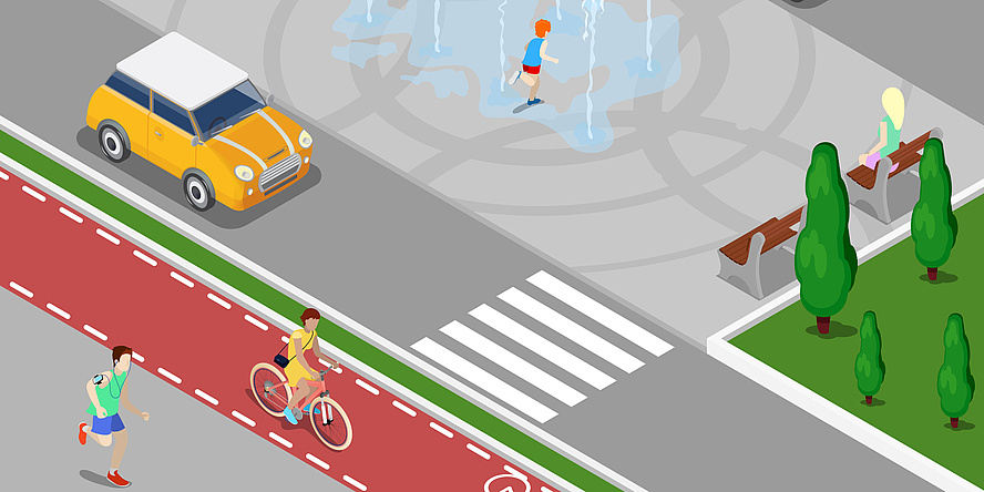 Ein Computerbild einer Straße mit Gehsteig und Radweg. Auf dem Gehsteig ist ein Läufer, auf dem Radweg eine Radfahrerin und auf der Straße ein Auto.