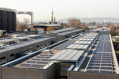 Dachlandschaft mit Photovoltaikpaneelen