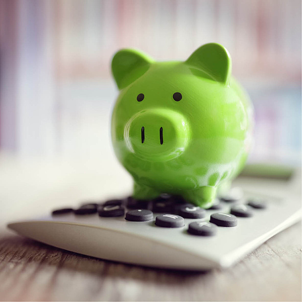 Green piggy bank standing on a calculator. Photo source: Brian Jackson - fotolia.com