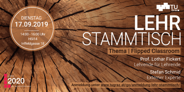 Tree trunk and text on the image: "Lehrstammtisch Thema Flipped Classroom"