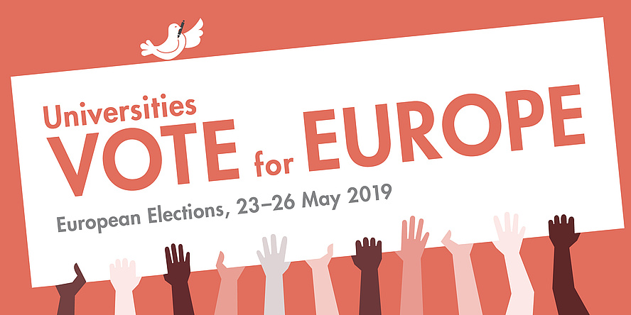 Grafische Darstellung eines weißen Plakates mit der Aufschrift "Universities vote for Europe", das von Händen mit unterschiedlichen Hautfarben gehalten wird. Auf dem Plakat sitzt eine Friedenstaube.