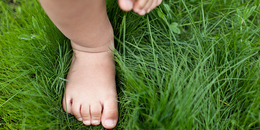 Zwei Kleinkinderfüße im grünen Gras.