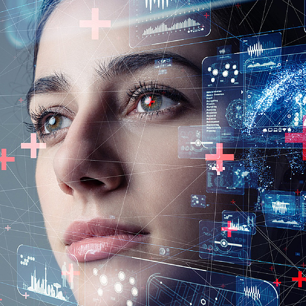 Face of a woman next to computer animations