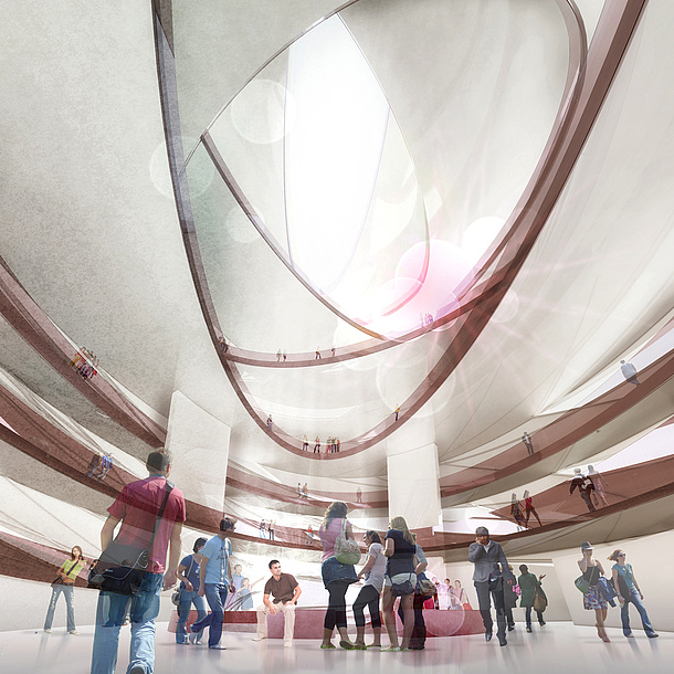 People gathering in a modern meeting place. Photo source: Christian Freissling