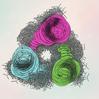 A picture with three tube-like shapes in the colours purple, green and light blue that wrap around each other like a helix.