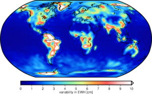 Variability of the daily solutions (trend and annual variations removed) expressed as equivalent water height.