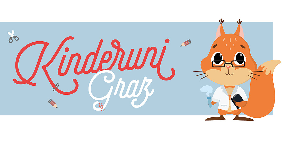 A squirrel wearing glasses, a lab coat and a test tube. Besides the text: Kinderuni Graz.