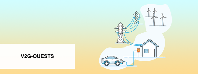 Auto lädt an Ladestation an einem Haus, welches über Stromleitungen mit Windpark verbunden ist.