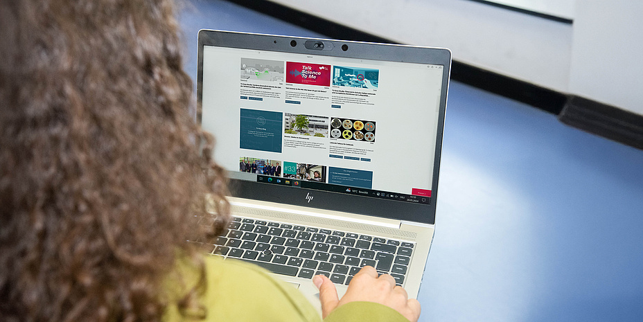 Junge Frau sitzt vor einem Laptop. Ansicht von hinten mit Blick auf Screen.