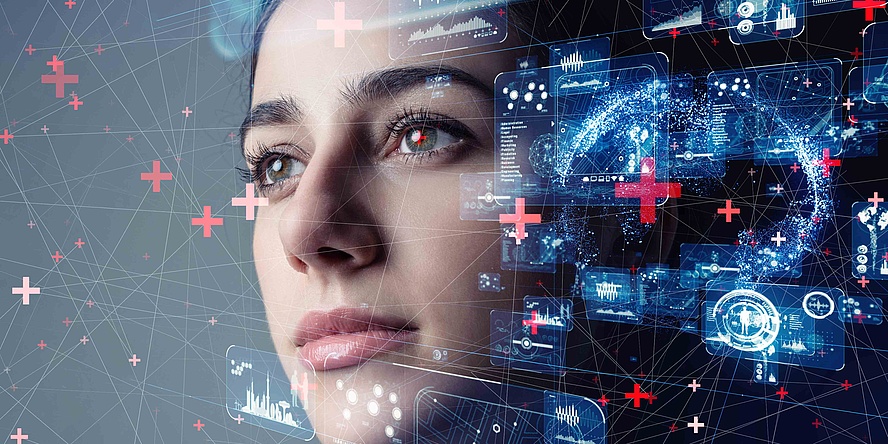 Grafik bläulicher technischer Endgeräte über ein Frauengesicht gelegt