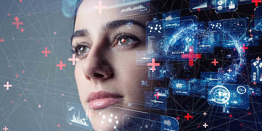 Graphic of bluish technical terminals placed over a woman's face