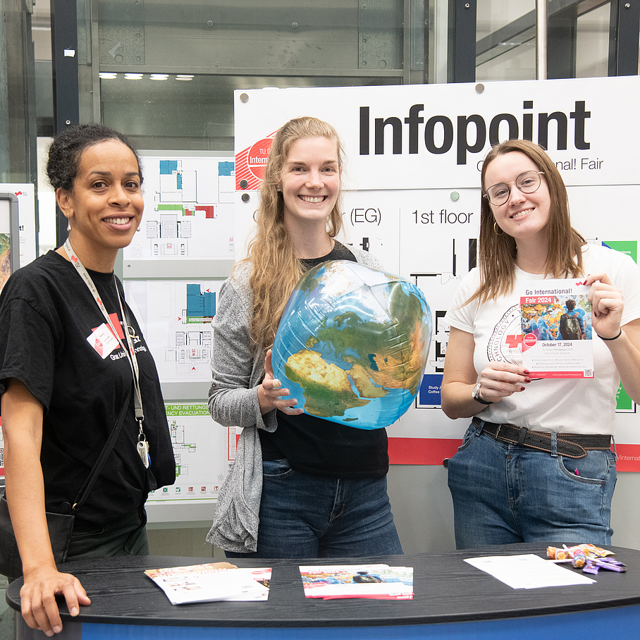 Three women standing at an info point with a globe in the hands 