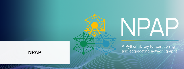 Headerbild mit dem Text „NPAP – A Python library for partitioning and aggregating network graphs“, farbige Netzwerkgrafiken in Gelb, Grün und Blau sowie einem welligen, blauen Hintergrund.