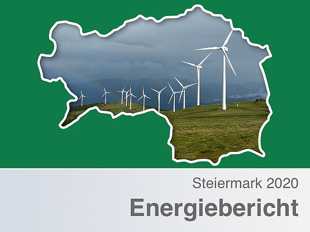 Photo montage of wind power plants on the Koralpe overlaid by the outline of Styria.