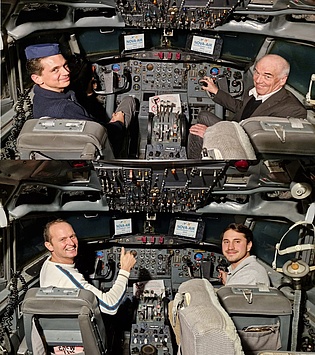 Captain Robert Krewinkel and former captain Franz Heitmeir in the cockpit of the Boeing 727 in the Nova Air restaurant during the Christmas dinner. Later, Martin Haubenhofer and Florian Plank took over the control.