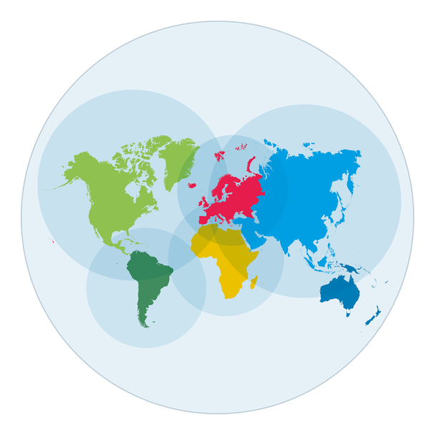 Karte der Welt, einzelne Kontinente sind von mit sich überschneidenden Kreisen umschlossen. Bildquelle: TU Graz