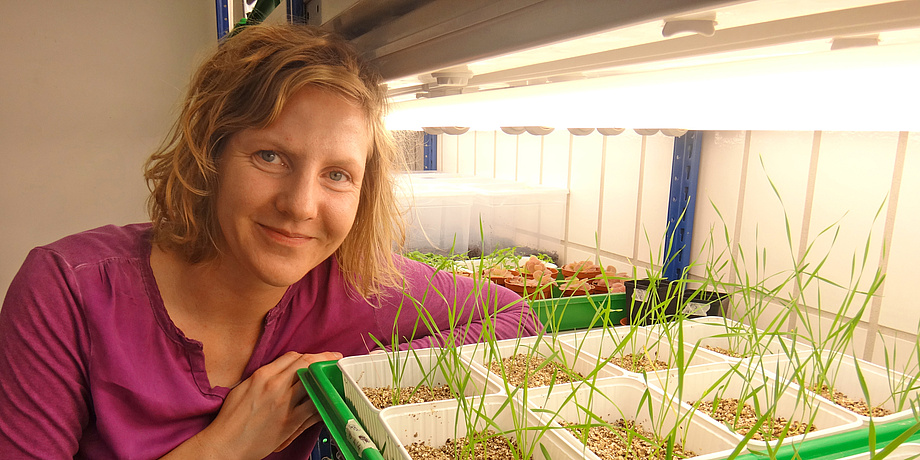 TU Graz biotechnologist Christin Zachow with plants in the lab.