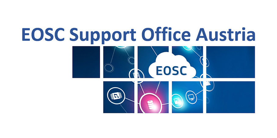Unter dem Schriftzug EOSC Support Office Austria sind neun quadratische Kästchen in blauer Farbe abgebildet, daran schwebt eine weiße Wolke mit der Aufschrift EOSC und mehrere Symbole in kleinen Kreisen, zum Beispiel ein Bildschirm.