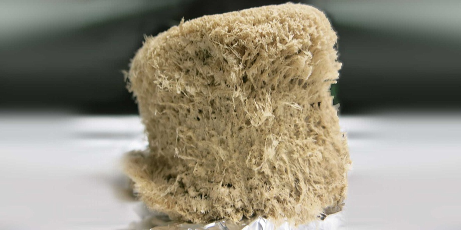 frayed, vegetable cellulose foam cube 