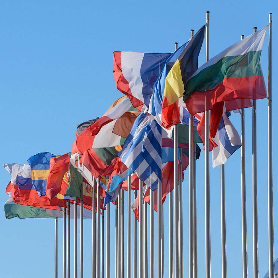 Many hoisted European flags flutter in the wind, isolated, copyspace