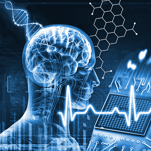 Human and Biotechnology, human skull, strand of DNA, frequency, honeycomb structure. Photo source: Fotolia.com