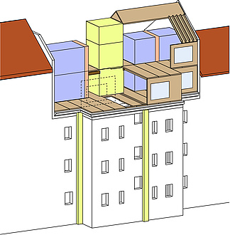 Computer graphic of a house attic that has been extended with modules.