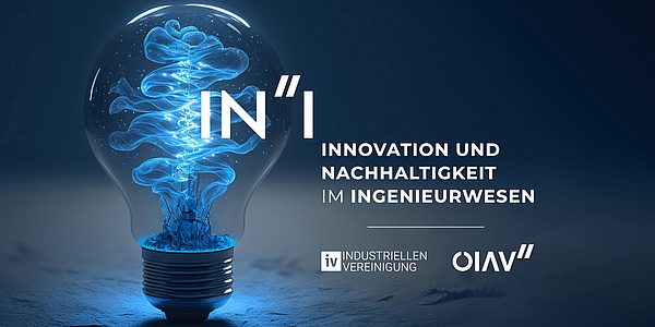 Sujet mit einer Glühlampe mit blauem Innenleben auf blauem Hintergrund und der Aufschrift "Innovation und Nachhaltigkeit im Ingenieurwesen.