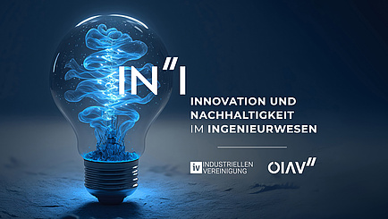 Sujet mit einer Glühlampe mit blauem Innenleben auf blauem Hintergrund und der Aufschrift "Innovation und Nachhaltigkeit im Ingenieurwesen.