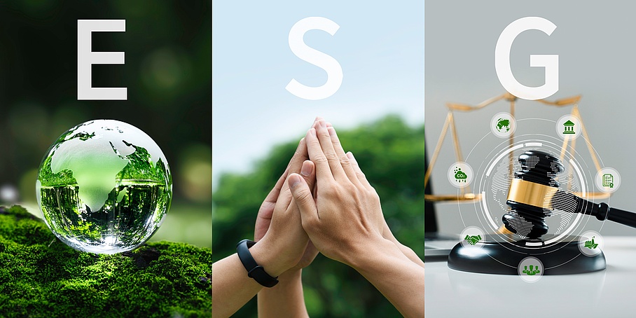 Symbole für ESG (Environmental, Social, Governance): Gläserne Erdkugel auf grünem Moos mit grünem Hintergrund; Hände verschiedener Personen, die zusammen eine Spitze bilden und Verbundenheit darstellen; Richterhammer und Waage als juristische Symbole.  