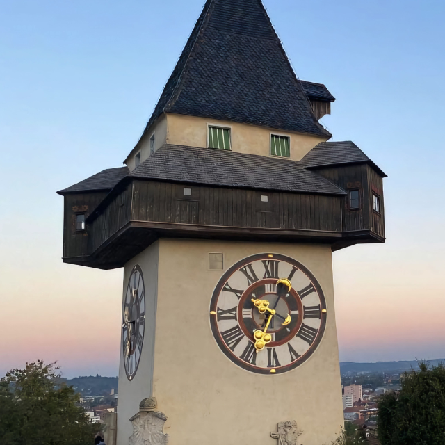 Foto des Grazer Uhrtum mit Stadt Graz im Hintergrund. 