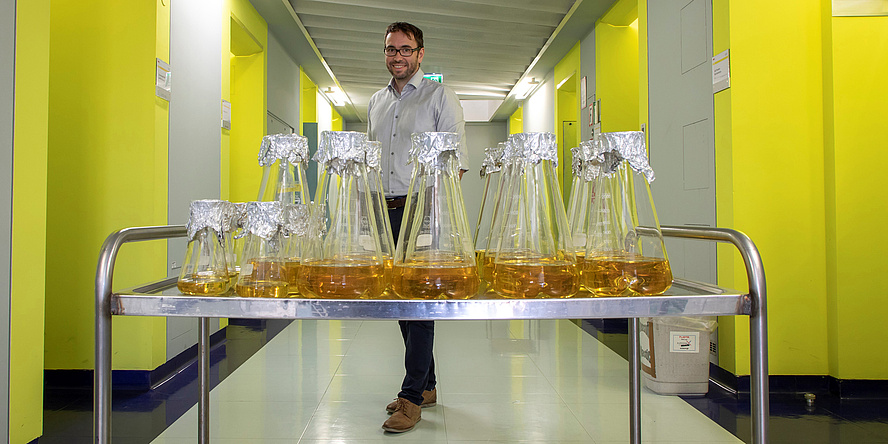 Researcher Gustav Oberdorfer is standing in a long corridor with yellow walls. In front of him stands a row of glass vessels on a metal shelf.