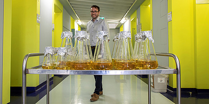 Researcher Gustav Oberdorfer is standing in a long corridor with yellow walls. In front of him stands a row of glass vessels on a metal shelf.