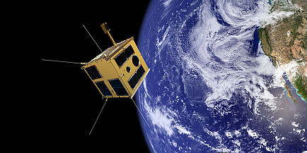 Eine Fotomontage des Nanosatelliten TUGSAT-1 im Orbit mit Blick auf die Erde.