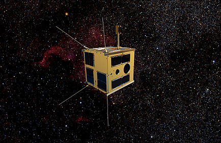 Fotomontage des Nanosatelliten TUGSAT-1 im All vor schwarzem Hintergrund mit leuchtenden Sternen.