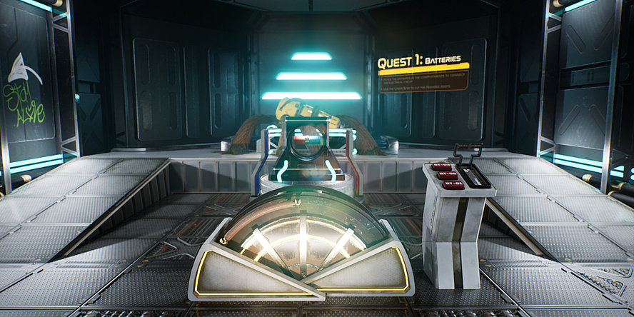 Picture from a computer game showing technical devices. A text reads: ‘Quest 1: Batteries’
