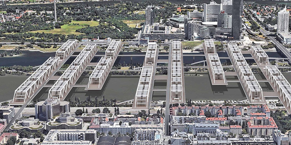 Architektonischer Entwurf von acht mit Häusern bebauten Brücken, die eine Stadtinsel überbauen und die Flussufer verbinden.