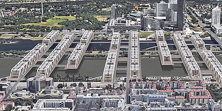 Architektonischer Entwurf von acht mit Häusern bebauten Brücken, die eine Stadtinsel überbauen und die Flussufer verbinden.